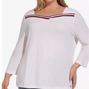 Tommy Hilfiger Women’s Top, Size 2X, White With Contrast Trim, Global Ribbed